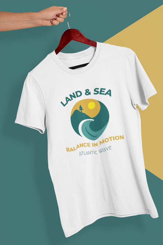 Organic cotton t-shirt with “Land & Sea Balance in Motion” design.