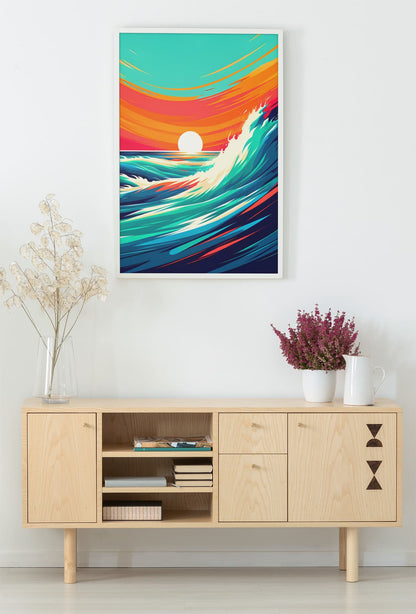 Costa Vicentina printed poster in a white frame, styled on a wooden cabinet. A vibrant surf decor piece for modern interiors.