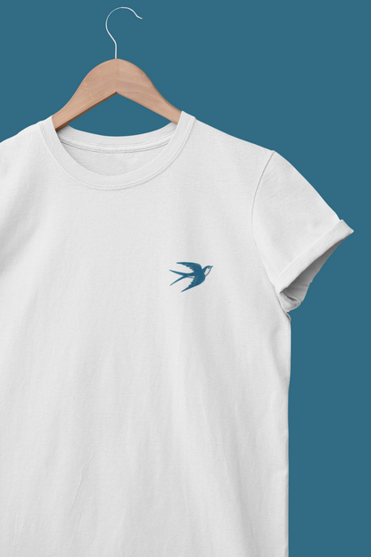 Eco-conscious shirt with subtle swallow print.
